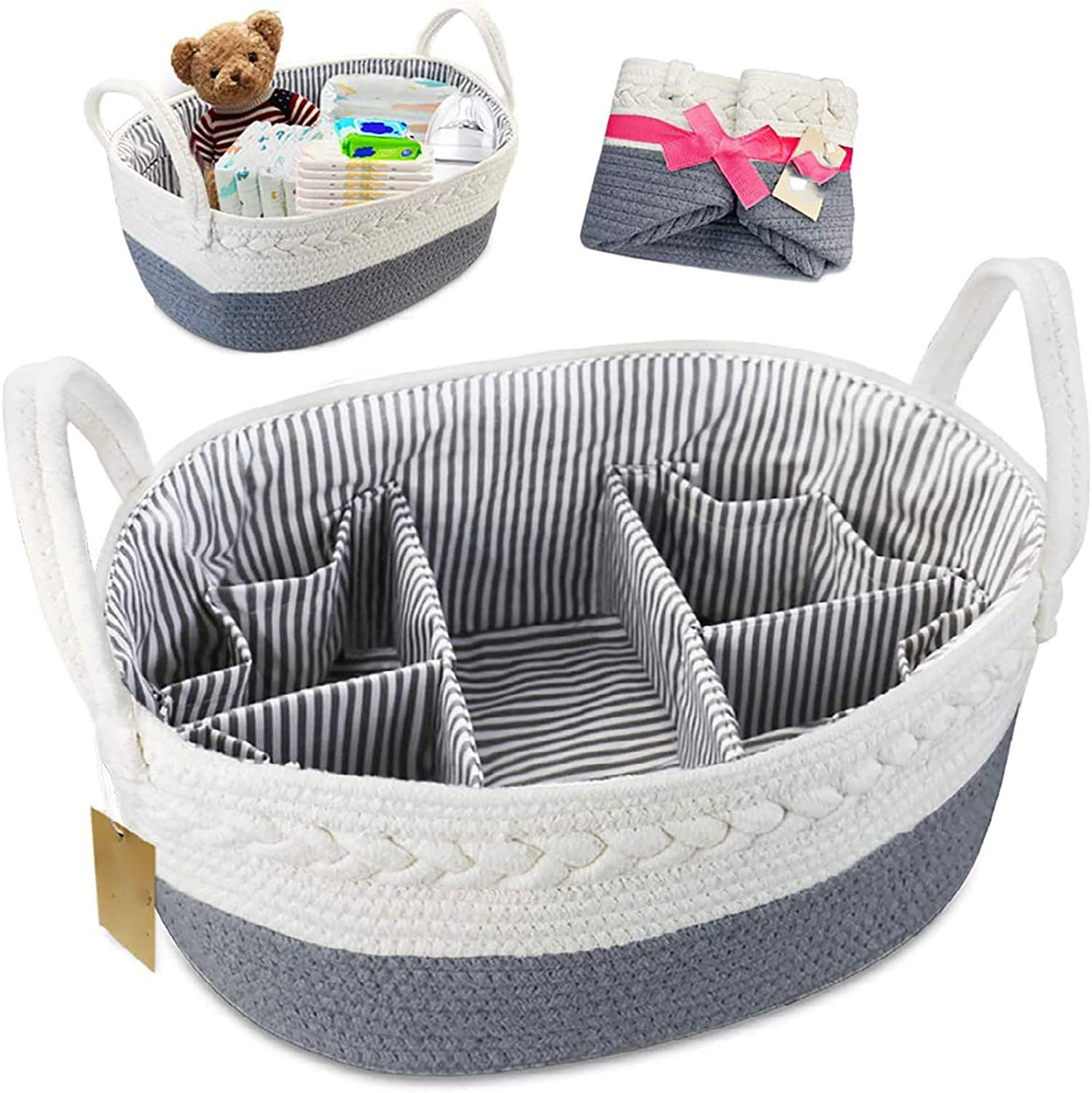 Baby Diaper Caddy Organizer - Extra Large Nappy Caddy Rope Nursery Storage Bin - Baby Basket with 8 Pockets, 5 Compartments