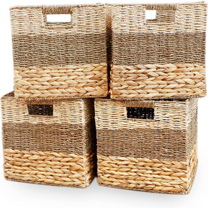 Wicker Storage Cubes, Storage Baskets for Shelves Foldable Rattan Square Basket Bins Closet Shelf Organizer Cubbies with Handles