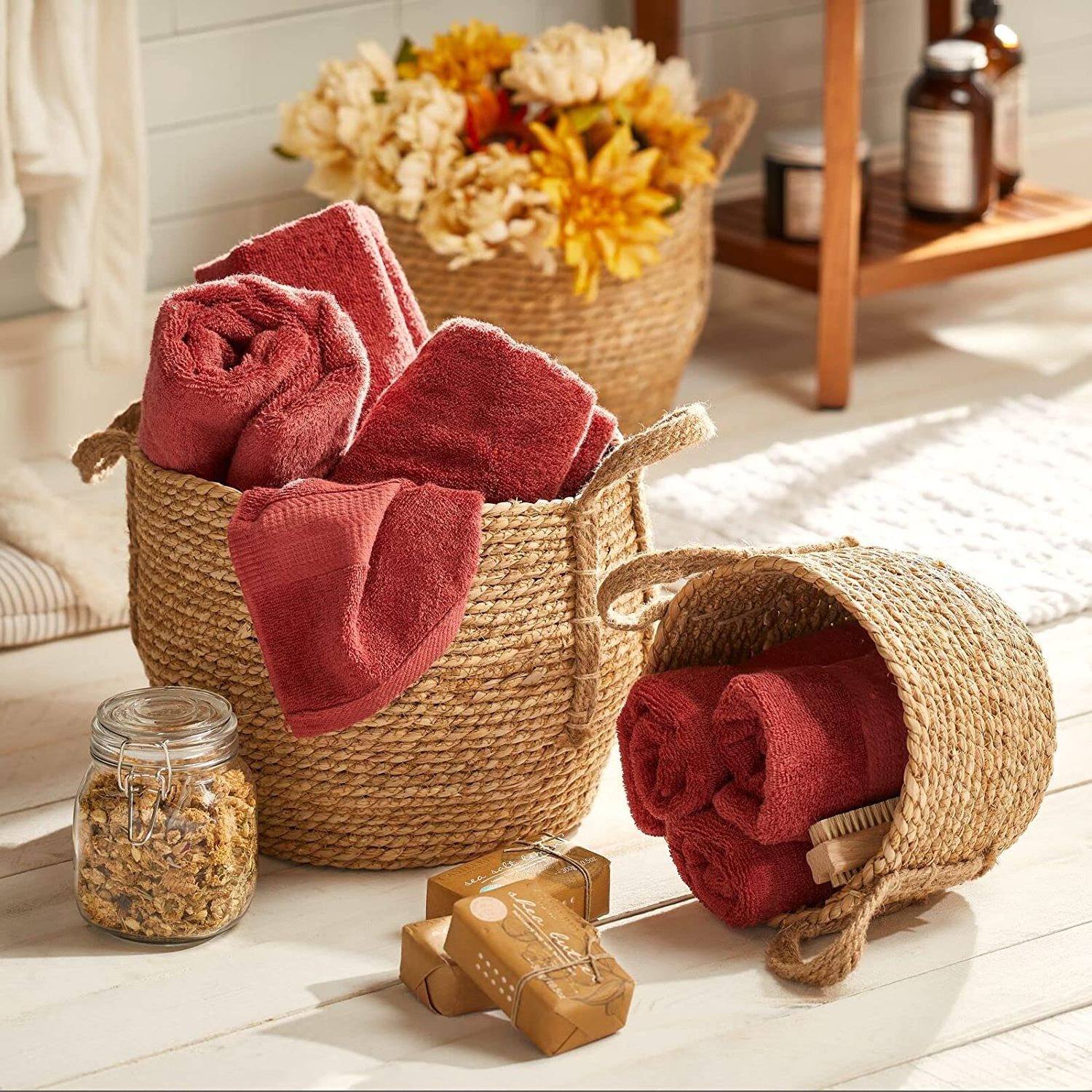 Round Braided Seagrass Woven Storage Basket with Jute Handles - Rope Weave Circle-Shaped Basket Bin for Shoe Storage