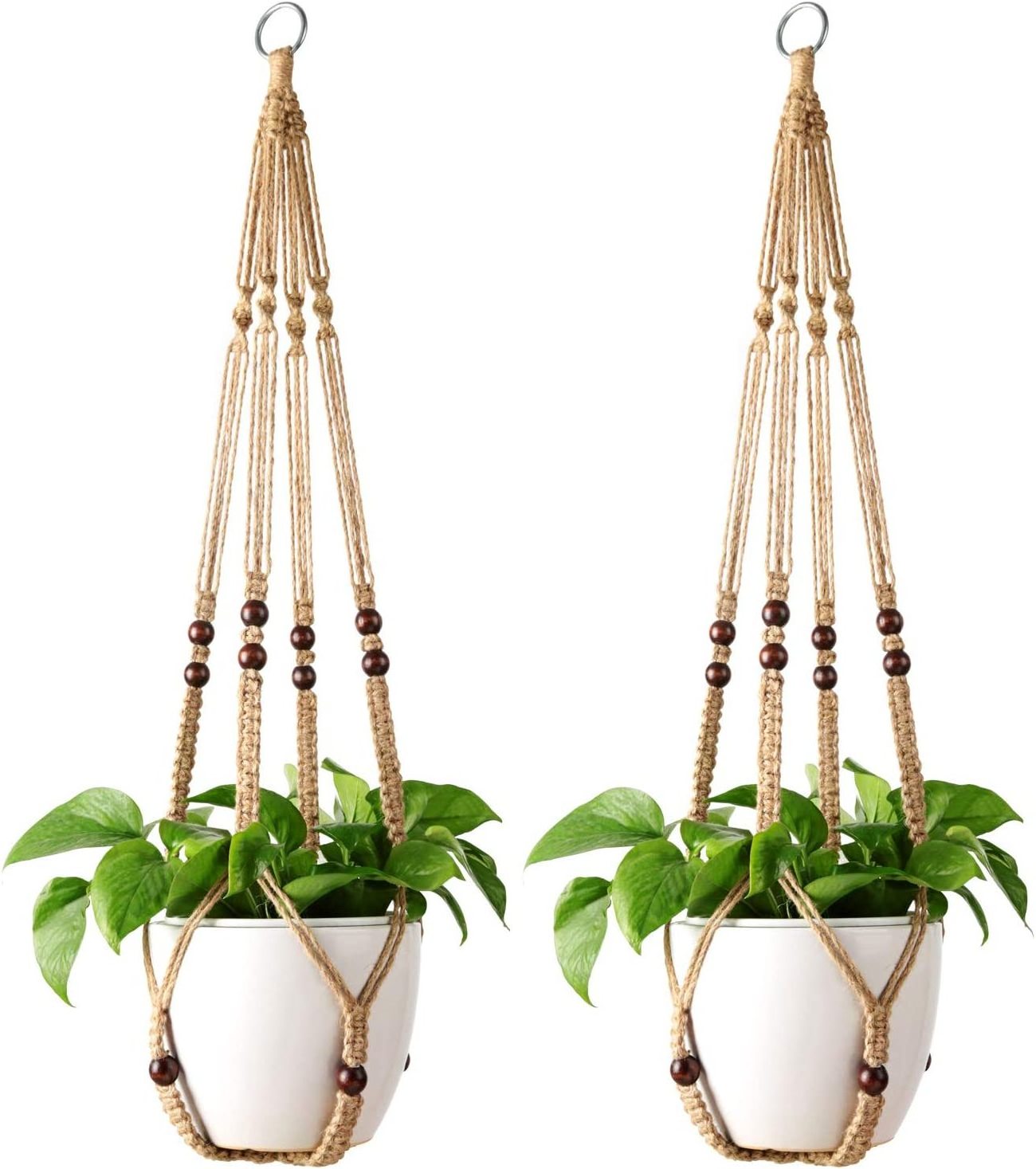 Plant Hanger Indoor Jute Hanging Planter Basket with Wood Beads Decorative Flower Pot Holder No Tassels for Indoor Outdoor