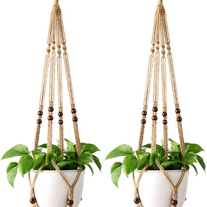 Plant Hanger Indoor Jute Hanging Planter Basket with Wood Beads Decorative Flower Pot Holder No Tassels for Indoor Outdoor