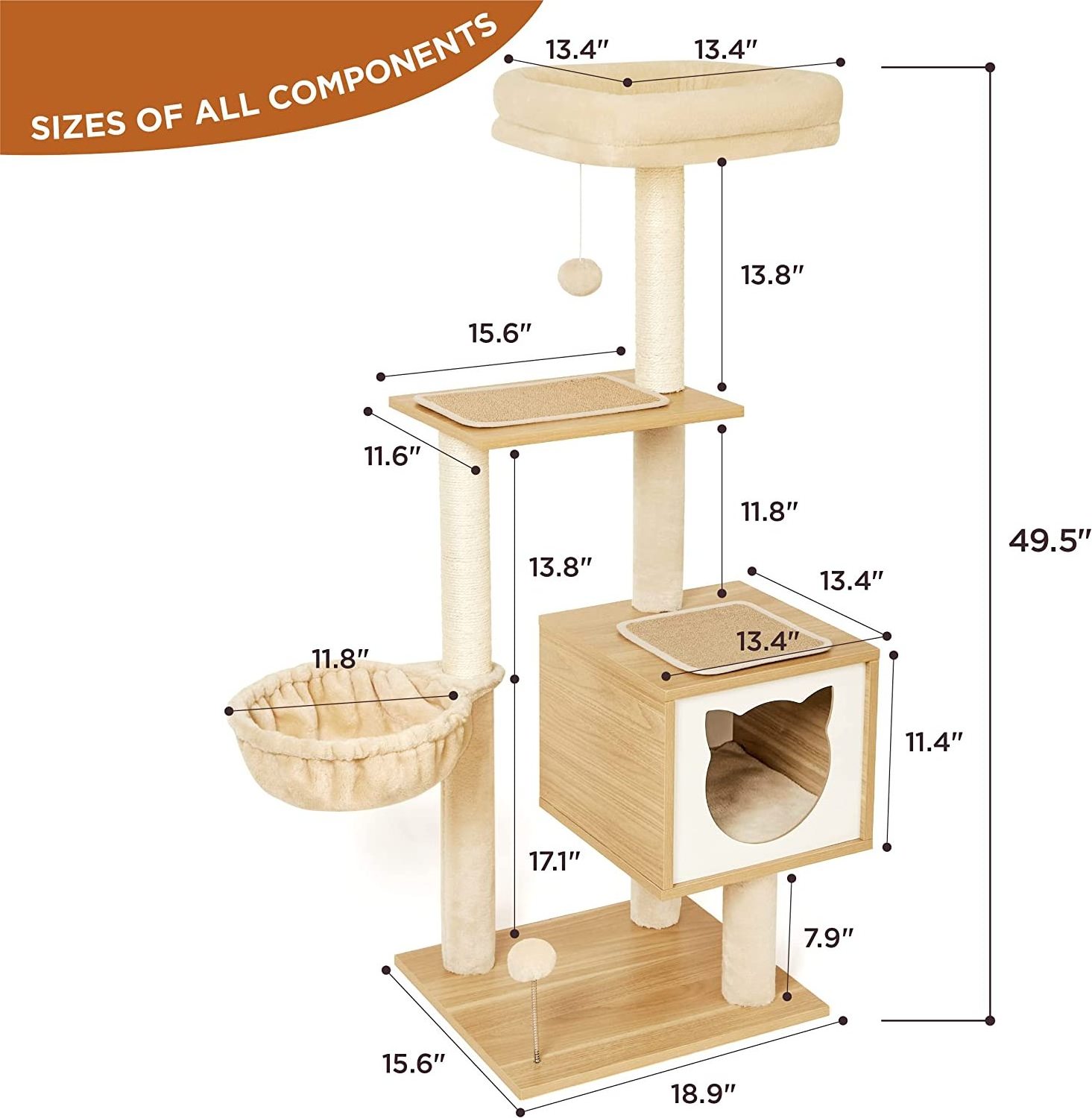 Modern Cat Tree for Large Cats - Tall Cat Climbing Tower for Indoor with Wood Condo, Hammock and Scratching Post