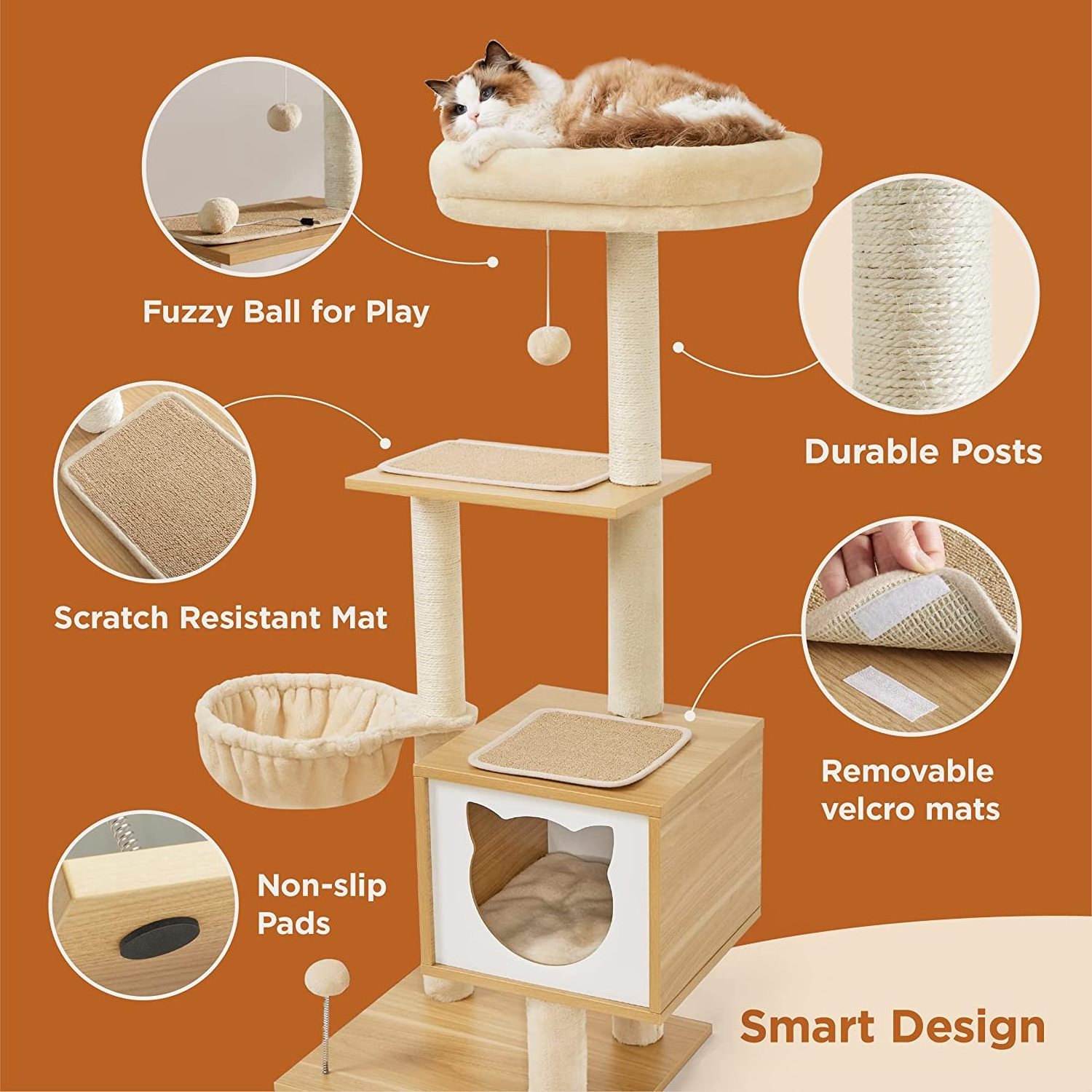 Modern Cat Tree for Large Cats - Tall Cat Climbing Tower for Indoor with Wood Condo, Hammock and Scratching Post