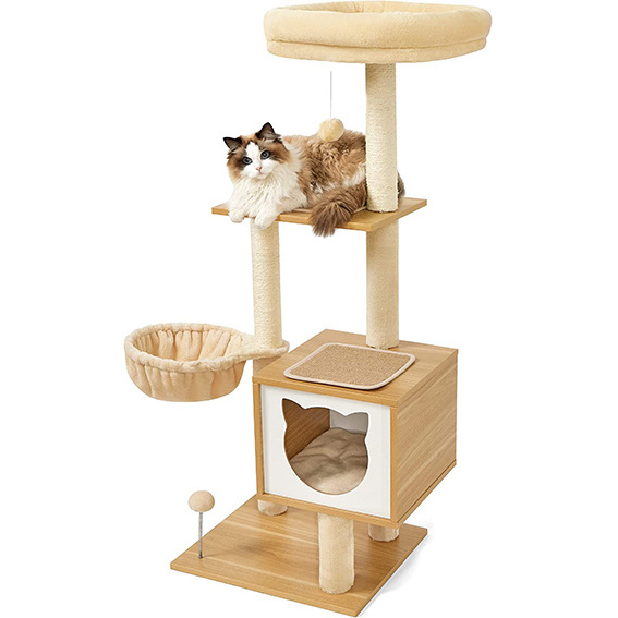 Modern Cat Tree for Large Cats - Tall Cat Climbing Tower for Indoor with Wood Condo, Hammock and Scratching Post