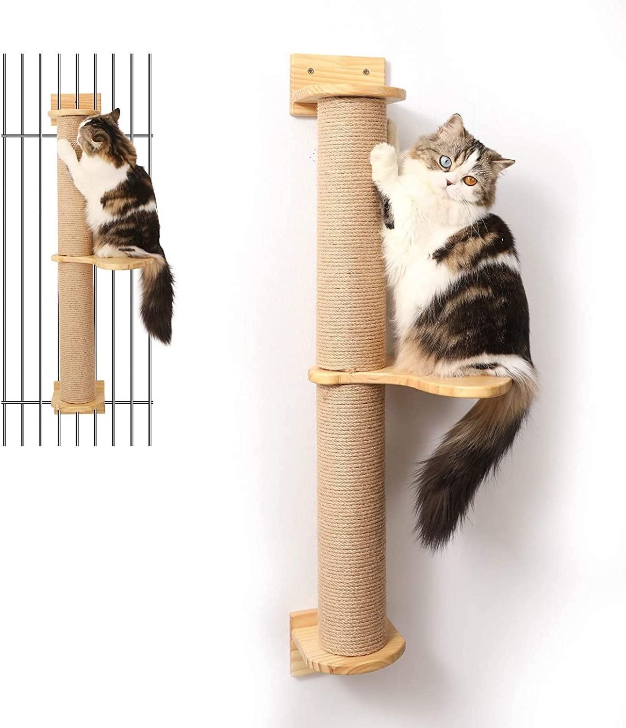 Cat Activity Tree with Scratching Posts, Wall Mounted Jute Scratcher Pine Hammock