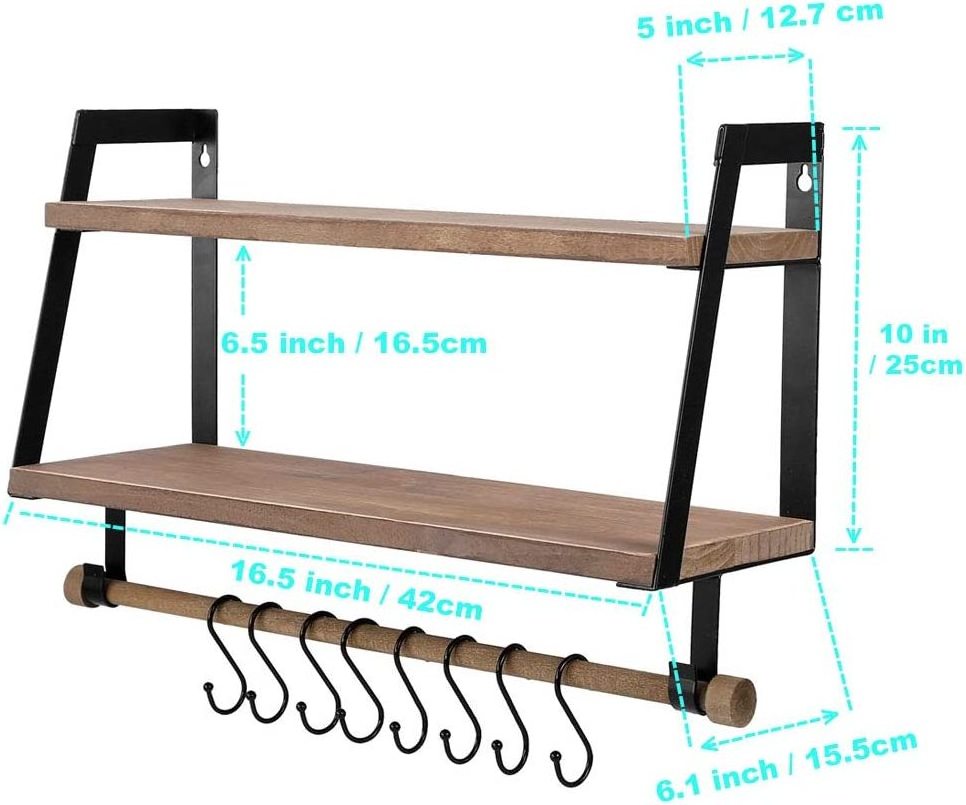 2-Tier Floating Shelves Wall Mount for Kitchen Spice Rack with 8 Hooks Storage, Rustic Farmhouse Wood Wall Shelf