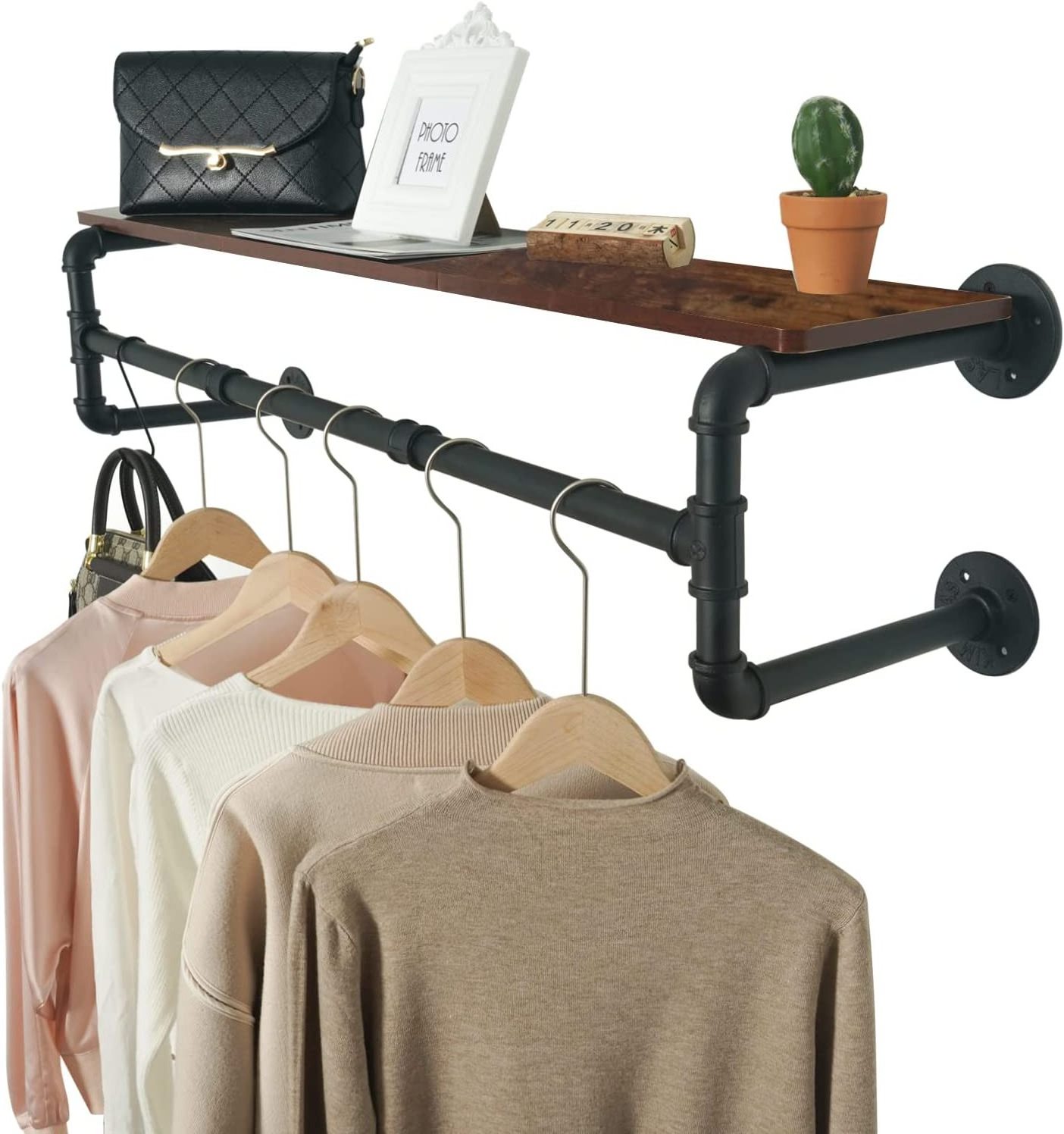 Industrial Pipe Clothes Rack with Top Shelf and 3 Hooks, 41''L Wall Mounted Garment Rack, Heavy Duty Iron Garment Bar