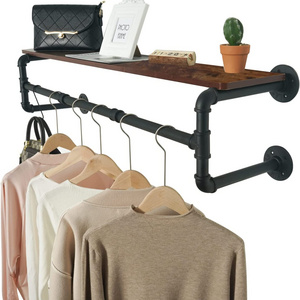 Industrial Pipe Clothes Rack with Top Shelf and 3 Hooks, 41''L Wall Mounted Garment Rack, Heavy Duty Iron Garment Bar