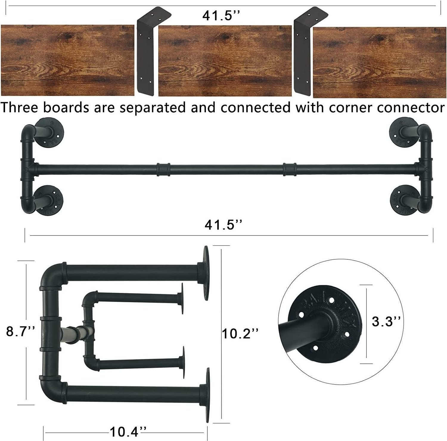 Industrial Pipe Clothes Rack with Top Shelf and 3 Hooks, 41''L Wall Mounted Garment Rack, Heavy Duty Iron Garment Bar