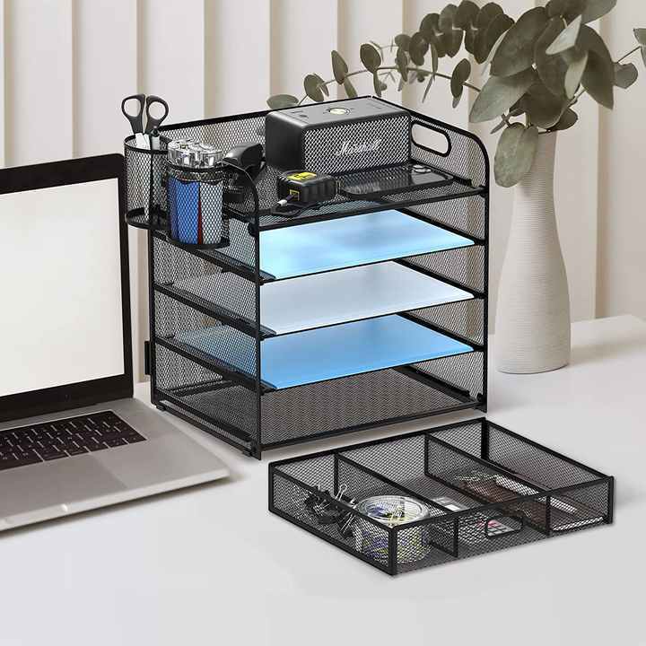 5-layer Desktop File Organizer Letter Tray Paper Organizer with Drawer and Pen Holders