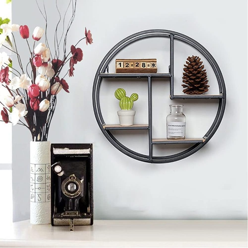 Retro Round Wooden Shelf Metal Wall Hanging Shelf Office Sundries Art Storage Rack Home Wooden Decorative Craft Holder Racks