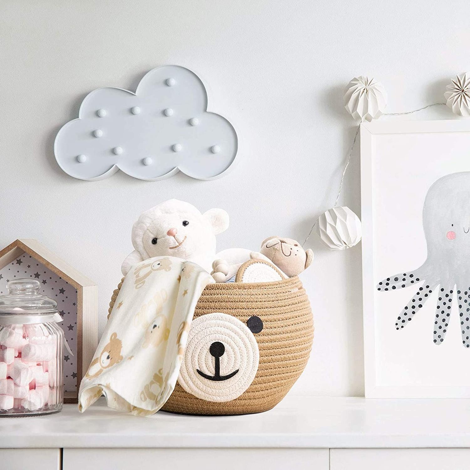 Cute Bear Round Basket - Cotton Rope Baskets in Living Room Woven Baby Shower for Children Corner Plant Basket