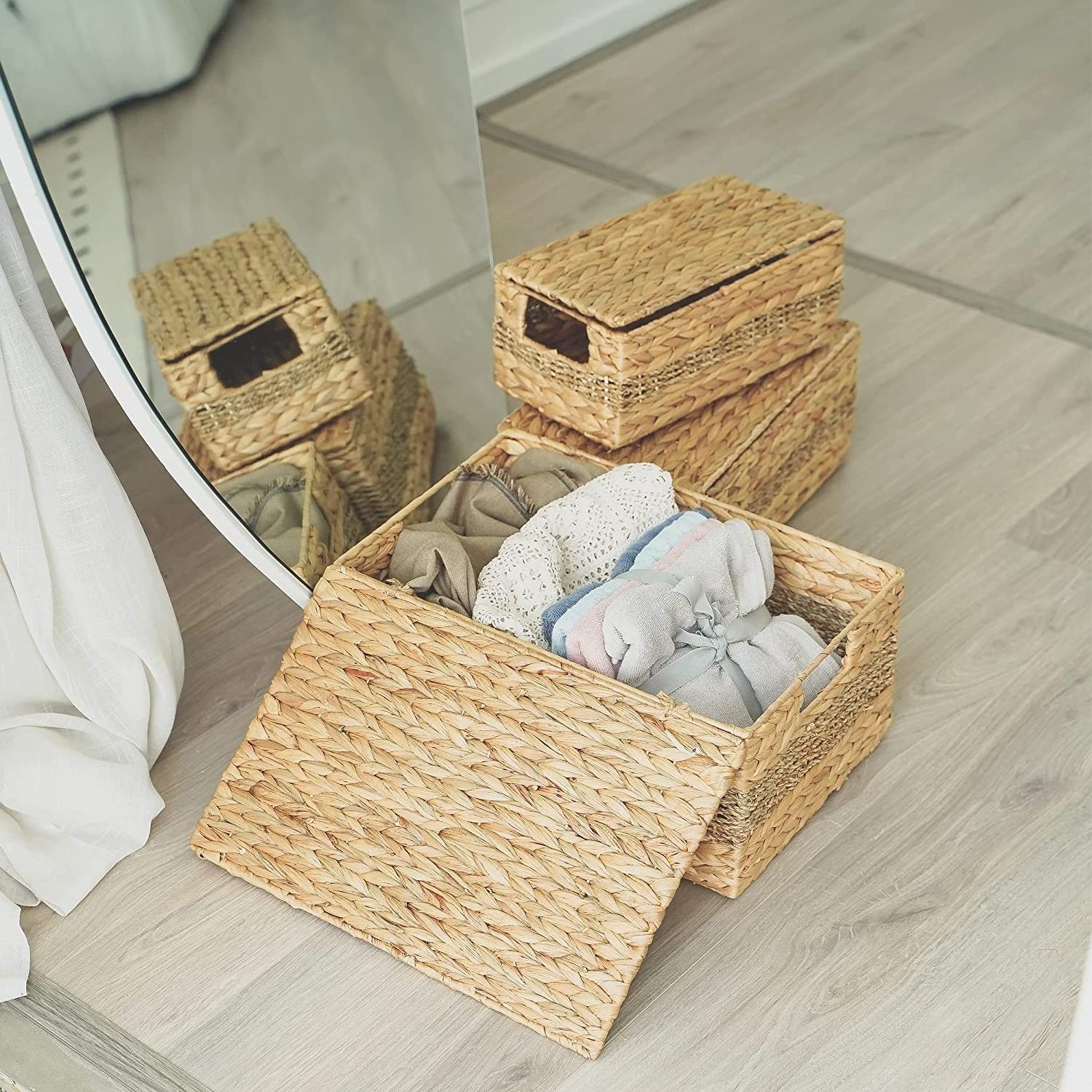 Set of 3 Water Hyacinth Pantry Rectangle Basket with Lid - Natural Woven Kitchen Organizer Closet Storage Cubes