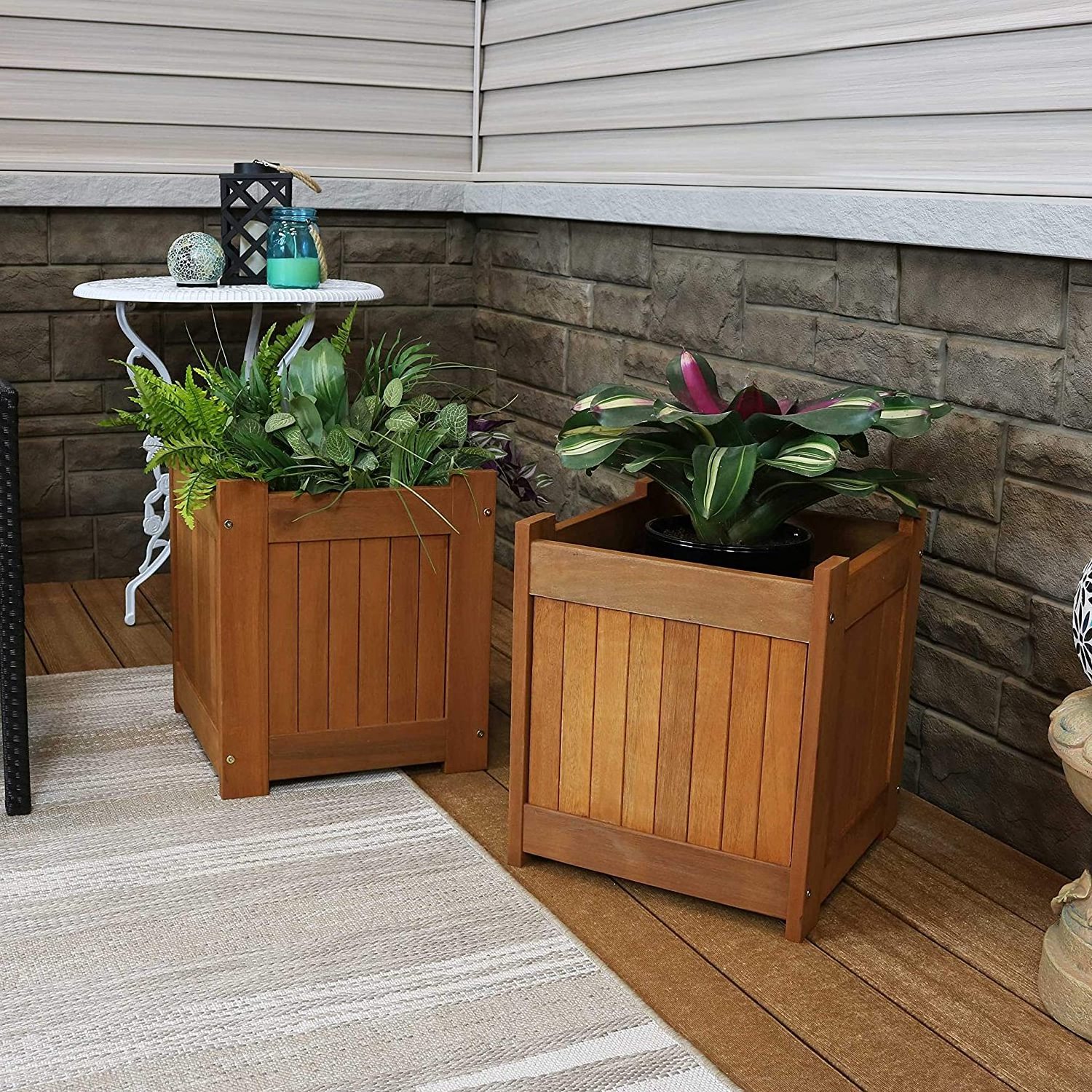 Wood Outdoor Planter Box with Teak Oil  -Porch and Patio - Outside Plant and Vegetable Container