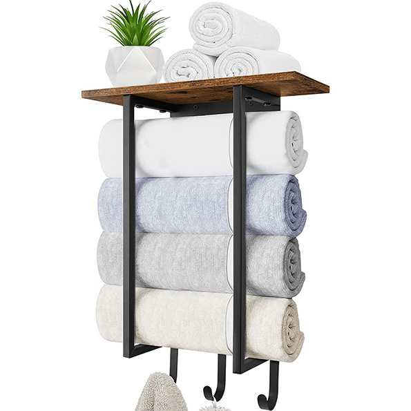 Towel Racks for Bathroom Wall Mounted, Towel Holder with Wooden Shelf and 3 Hooks for Washcloths Hand, Bath Towel Storage