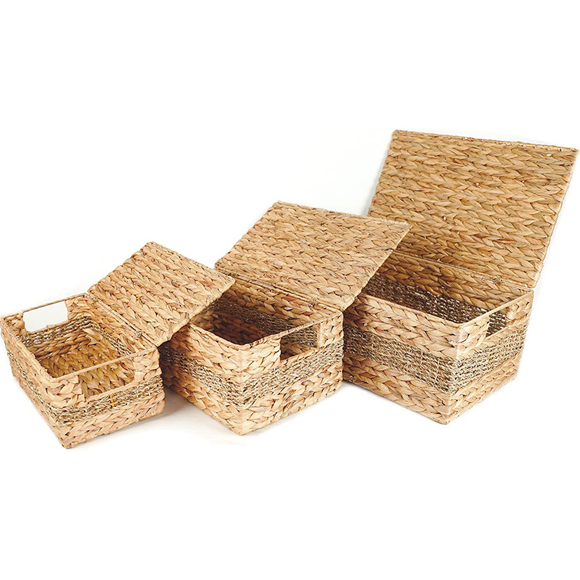 Set of 3 Water Hyacinth Pantry Rectangle Basket with Lid - Natural Woven Kitchen Organizer Closet Storage Cubes