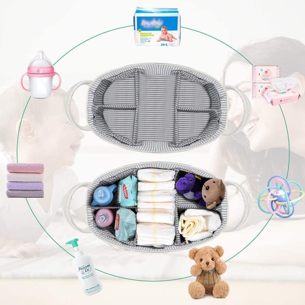 Baby Diaper Caddy Organizer - Extra Large Nappy Caddy Rope Nursery Storage Bin - Baby Basket with 8 Pockets, 5 Compartments