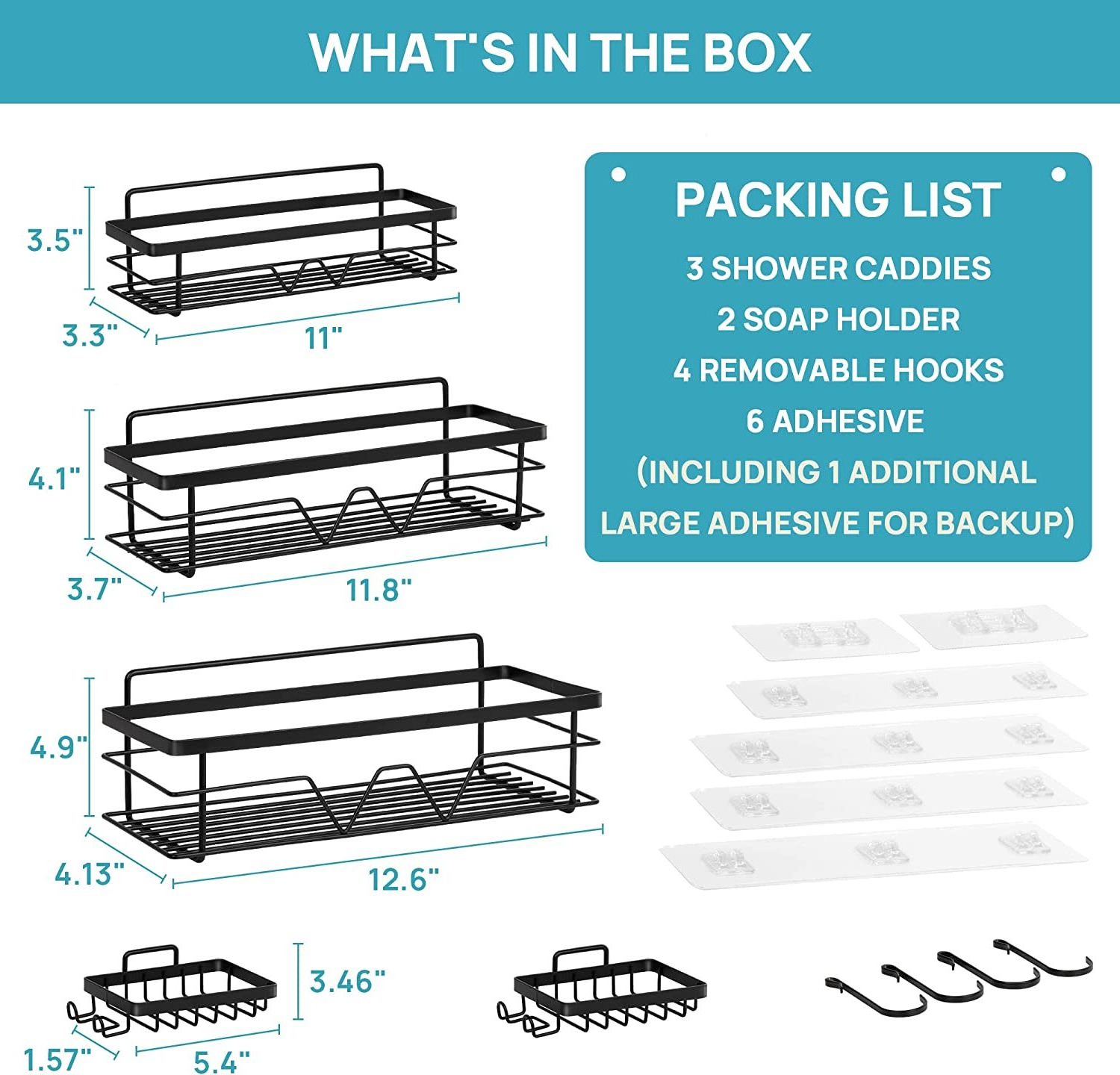 5 Pack Shower Caddy Shelves Organizer with 4 Hooks, Self Adhesive Shower Rack Storage Shelf for Inside Shower