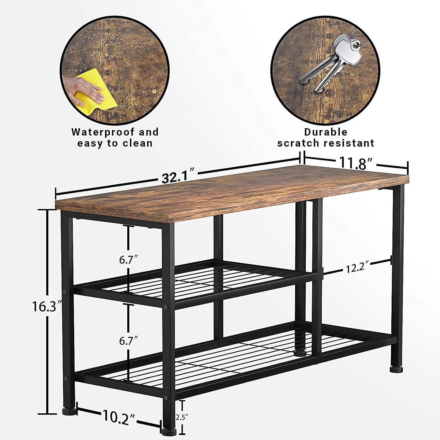 Shoe Rack with Boot Organizer, Industrial Entry Bench with 3-Tier Small Rustic Shoe Rack for Small Spaces, Metal Shoe Rack