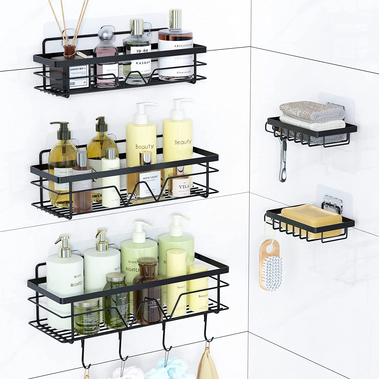 5 Pack Shower Caddy Shelves Organizer with 4 Hooks, Self Adhesive Shower Rack Storage Shelf for Inside Shower