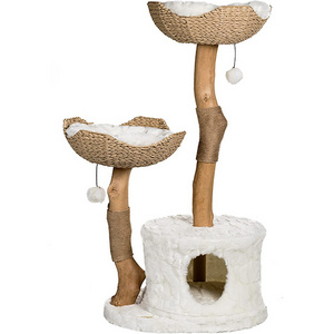 Modern Cat Tree Tower for Large Cats, Real Branch Luxury Wood Cat Tower Scratching Tree, Cat Lover Gift