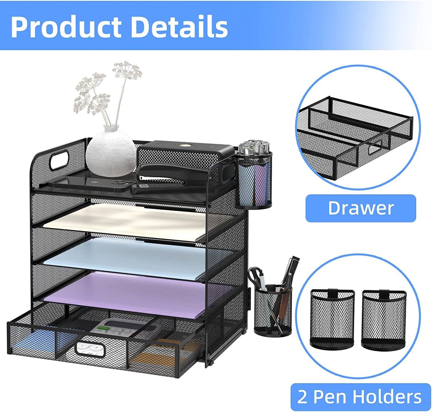 5-tier Desktop File Organizer Letter Tray Paper Organizer with Drawer and Pen Holders, Desk Organizer for Office School Home