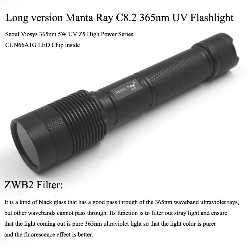 Long Version C8.2 Seoul Viosys  Ultra Violet UV LED Flashlight 365nm 5W High Powerful 26650 Battery for Night Hunting UV Curing