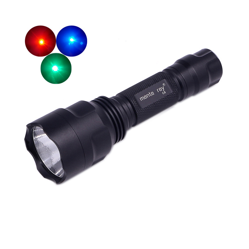 Manta Ray C8 Rechargeable LED Flashlight Torch 18650 Battery Hunting Flashlight XP-E2 RGB LED Emitter Chips Aluminum Lamp Body