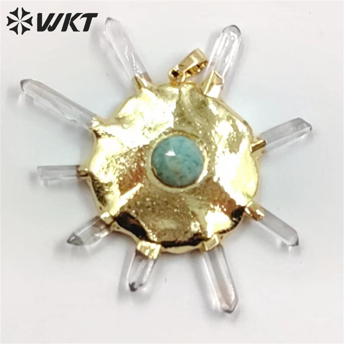 WT-P1884 WKT new design fashion Crown shape crystal quartz pendant Boho women round wheel stone pendant for necklace