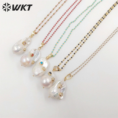 WT-JN091 White Baroque Pearl Necklace Pearl With CZ&Gemstones Beads Charm Women Fashion Necklace Jewelry Colorful Necklace