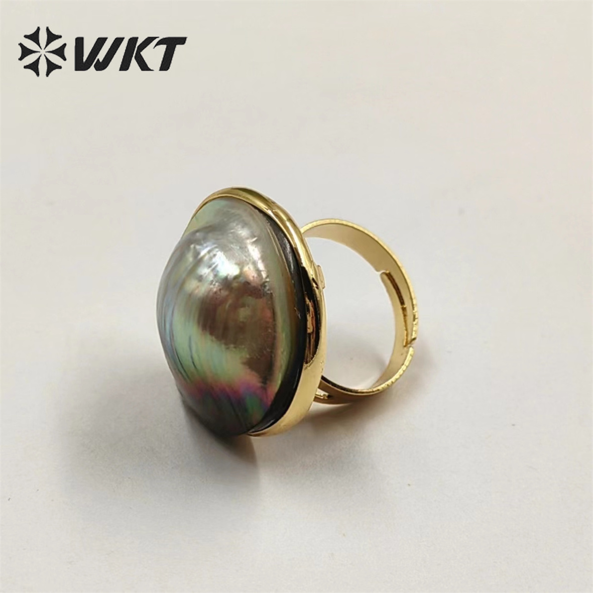 WT-MPR043 WKT 2022 high quality new style MABE black pearl size 23 MM ring adjustable Finger Ring gold-plate luck ring jewelry