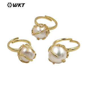 WT-MPR054 Wholesale round claw setting irregular One Pearl Ring fashion 18k gold plated freshwater handmade wedding pearl Ring