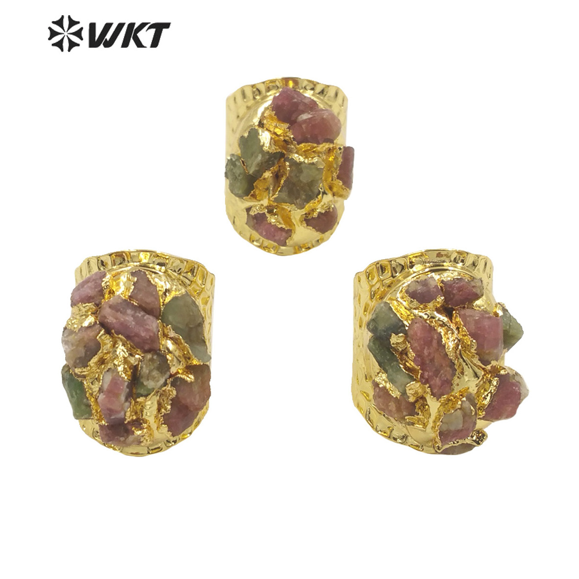 WT-R370 Amazing Bohemian Vintage Natural Tourmaline raw stone Ring Women gold electroplated healing Lucky Birthday Jewelry Ring