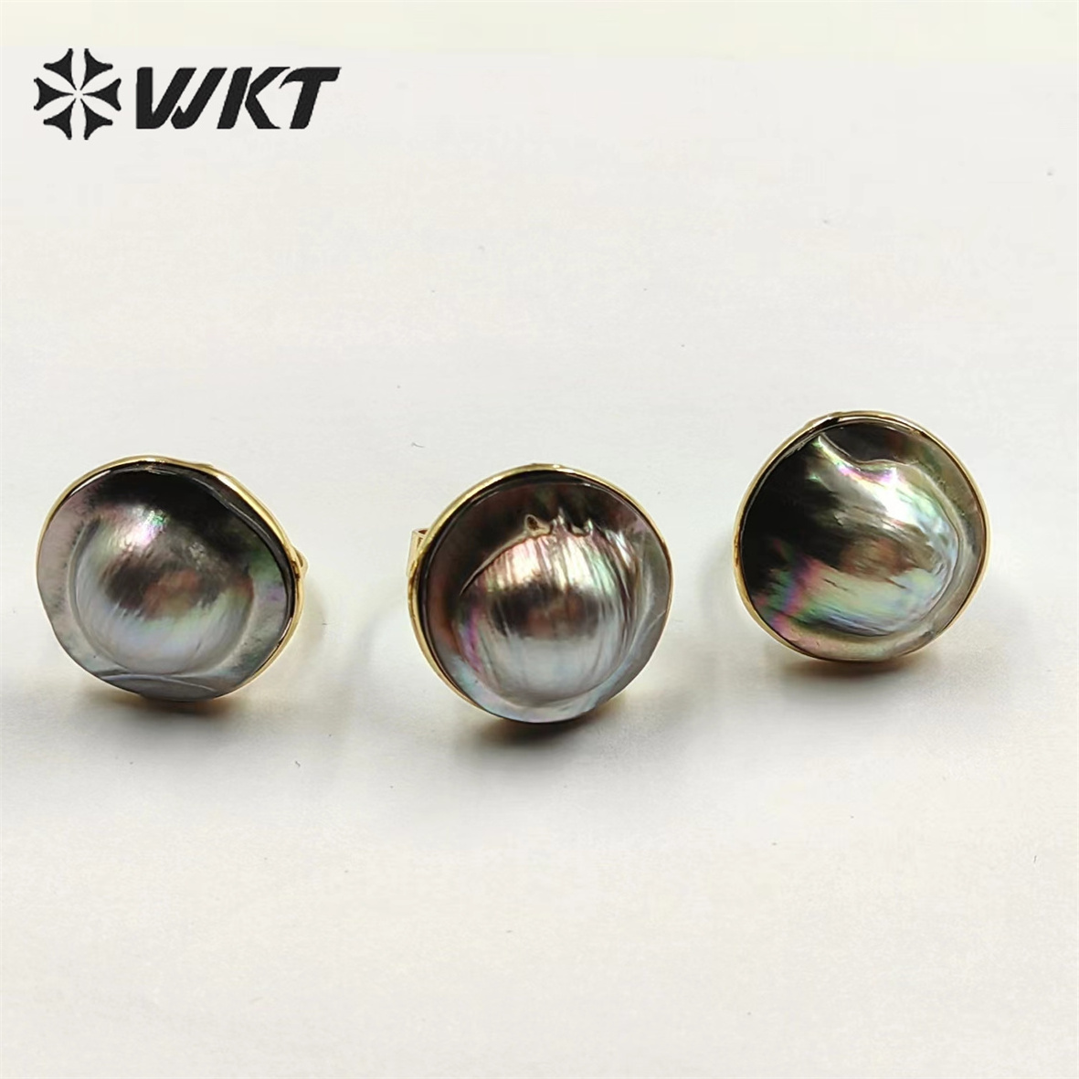 WT-MPR043 WKT 2022 high quality new style MABE black pearl size 23 MM ring adjustable Finger Ring gold-plate luck ring jewelry