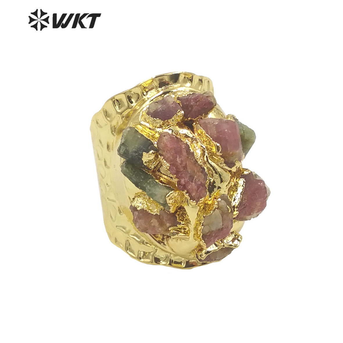 WT-R370 Amazing Bohemian Vintage Natural Tourmaline raw stone Ring Women gold electroplated healing Lucky Birthday Jewelry Ring