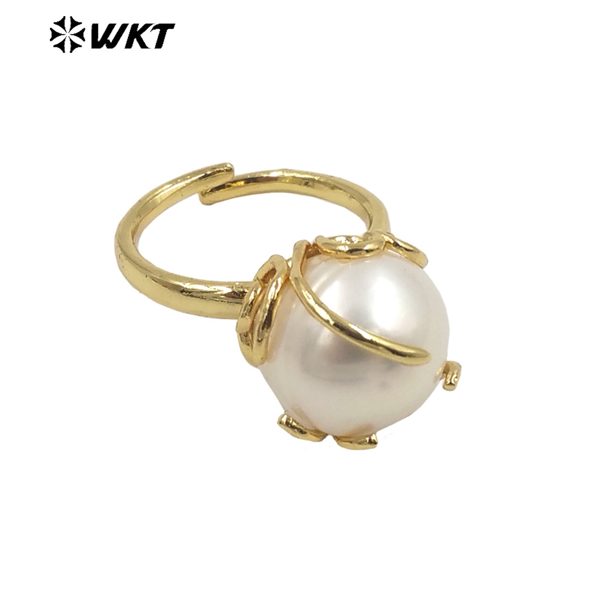 WT-MPR054 Wholesale round claw setting irregular One Pearl Ring fashion 18k gold plated freshwater handmade wedding pearl Ring