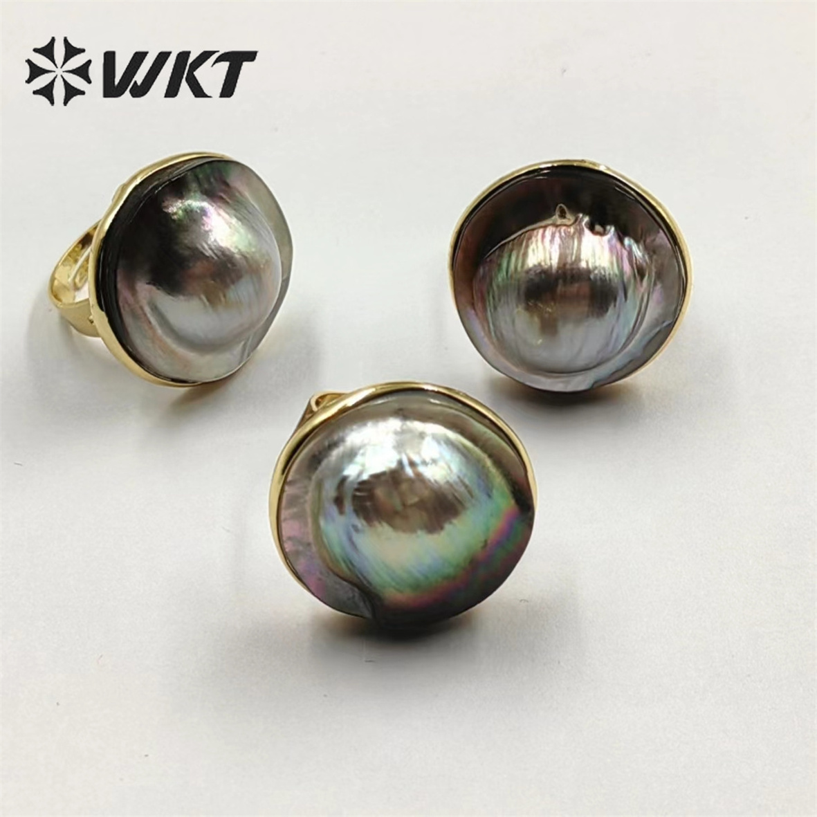 WT-MPR043 WKT 2022 high quality new style MABE black pearl size 23 MM ring adjustable Finger Ring gold-plate luck ring jewelry