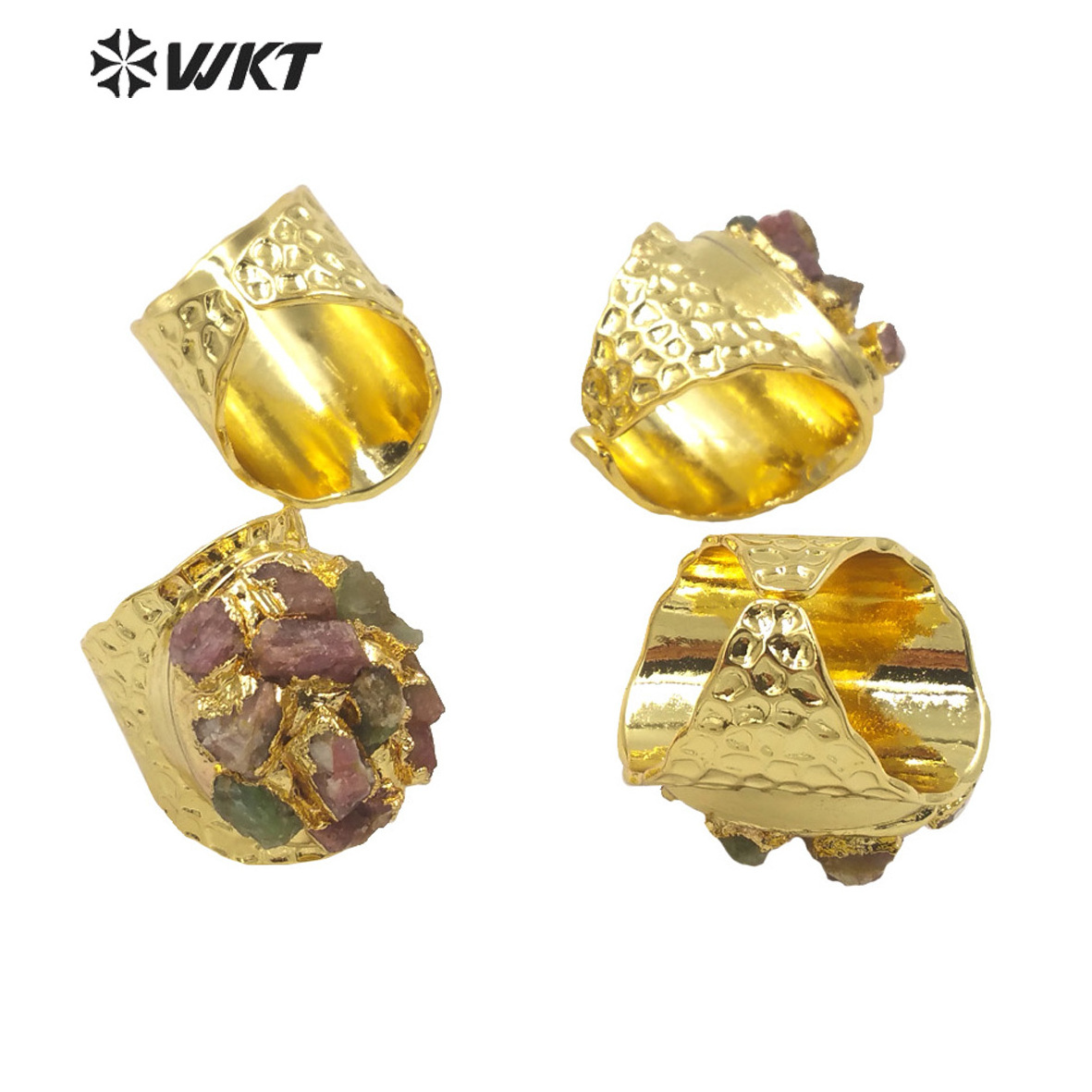 WT-R370 Amazing Bohemian Vintage Natural Tourmaline raw stone Ring Women gold electroplated healing Lucky Birthday Jewelry Ring