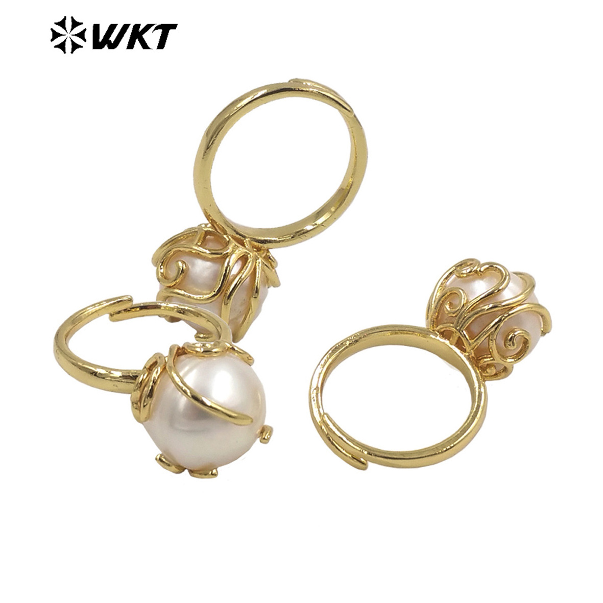 WT-MPR054 Wholesale round claw setting irregular One Pearl Ring fashion 18k gold plated freshwater handmade wedding pearl Ring