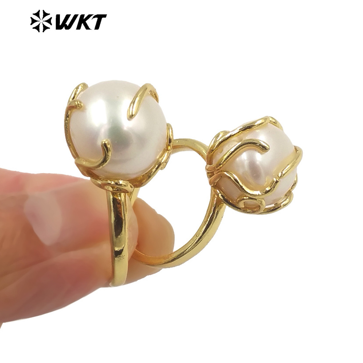 WT-MPR054 Wholesale round claw setting irregular One Pearl Ring fashion 18k gold plated freshwater handmade wedding pearl Ring