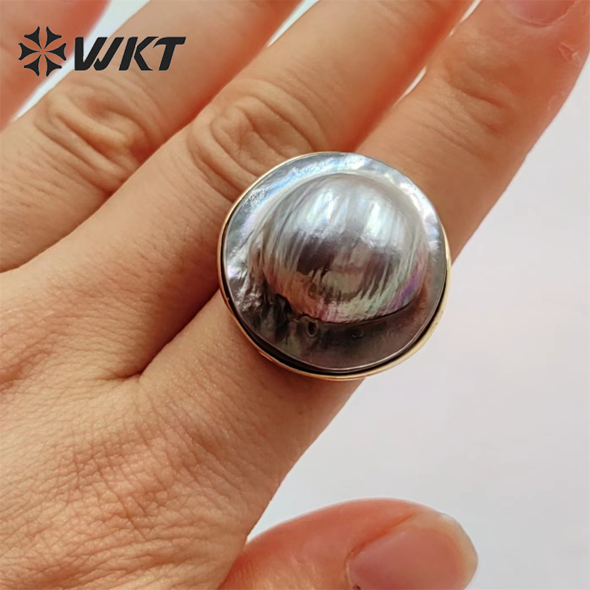 WT-MPR043 WKT 2022 high quality new style MABE black pearl size 23 MM ring adjustable Finger Ring gold-plate luck ring jewelry