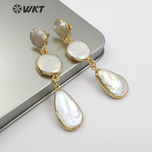 WT-E491 Three Pearls In Round Teardrop Shape Gold Earring Wedding Pearl Jewelry Gift For Her Natural Freshwater Pearl Earring