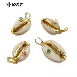 WT-JP141 Specially designed Natural Cowrie shell pendant with Half plating and multiple color beads natural Cowrie pendant