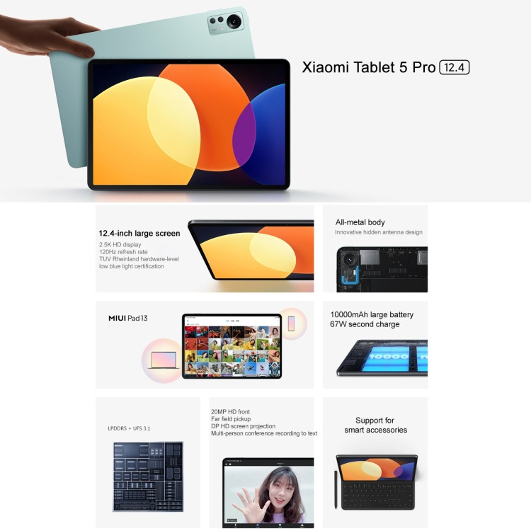 Support 67W Fast Charge Xiaomi Pad 5 Pro 12.4 inch MIUI 13 Tablet 10000mAh Large Capacity Battery Tablet, 6GB+128GB