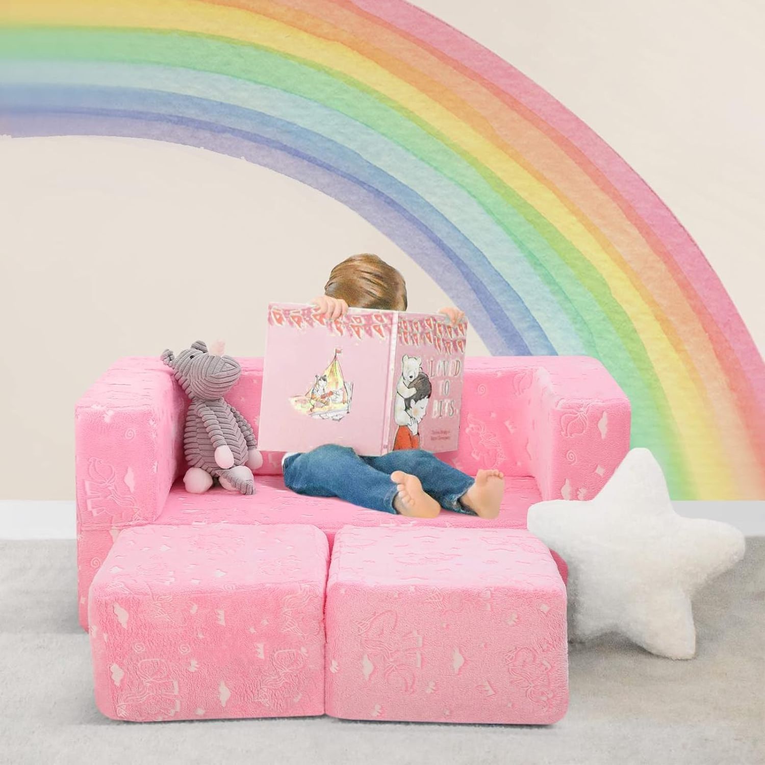 Modular Kids Sofa Toddler Play Couch Fold Out for Playroom Unicorn Glow in Dark Convertible Plush Foam Chair for Child