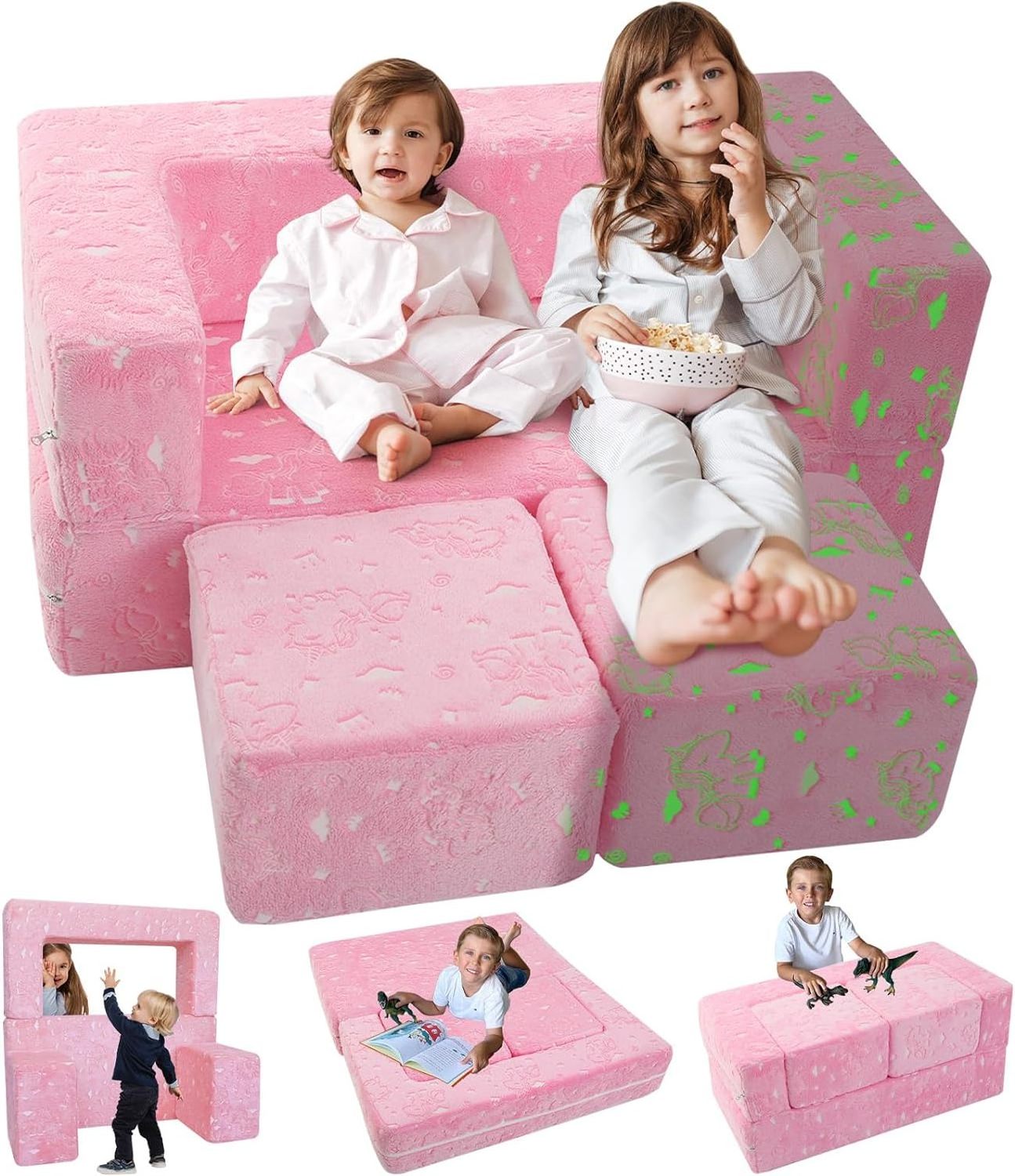 Modular Kids Sofa Toddler Play Couch Fold Out for Playroom Unicorn Glow in Dark Convertible Plush Foam Chair for Child