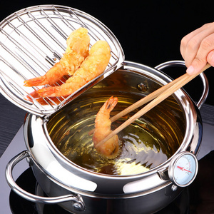 20/24cm Deep Fryer Pot Japanese Tempura Small Deep Fryer Stainless Steel Frying Pan With Thermometer Lid And Oil Drip Drainer