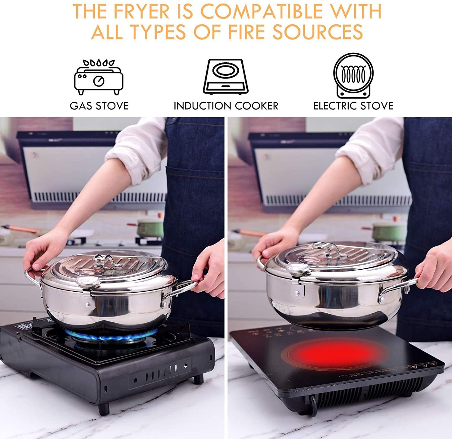 20/24cm Deep Fryer Pot Japanese Tempura Small Deep Fryer Stainless Steel Frying Pan With Thermometer Lid And Oil Drip Drainer