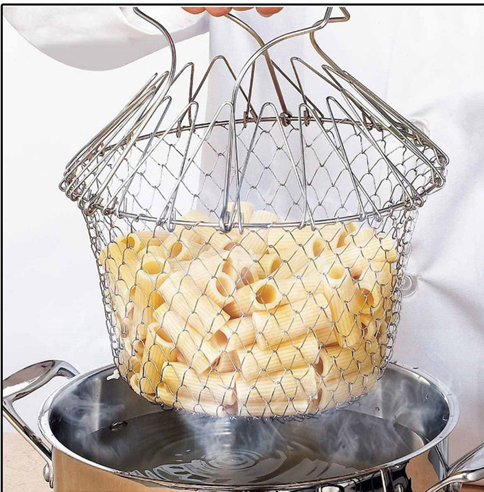 Wholesale Kitchen 18/8 Stainless Steel Deep Frying French Fries Serving Chef Basket Colander Magic Mesh Basket With Handle