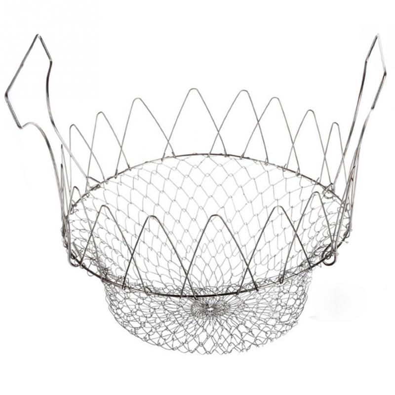 Wholesale Kitchen 18/8 Stainless Steel Deep Frying French Fries Serving Chef Basket Colander Magic Mesh Basket With Handle